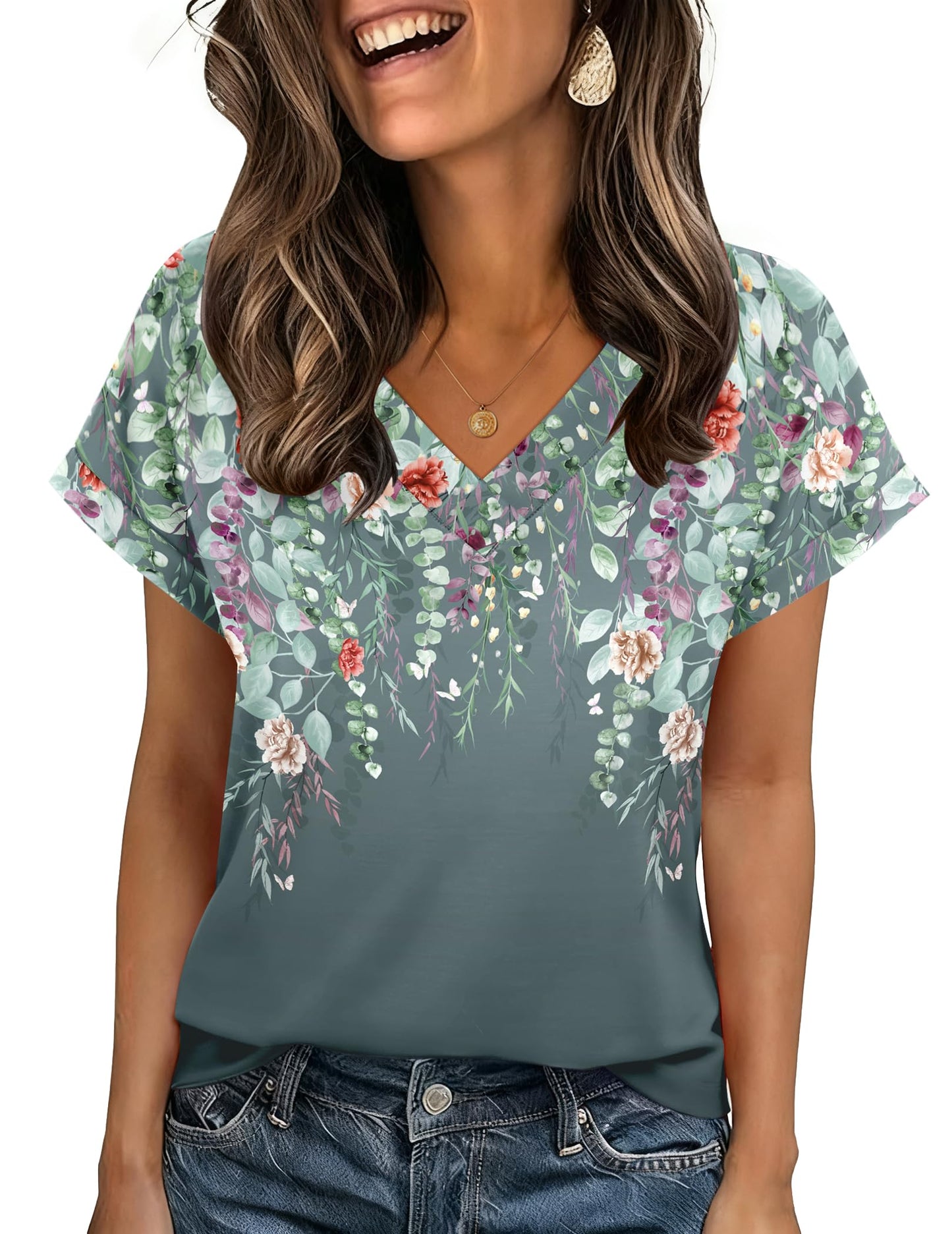 Zeagoo Womens Summer Tops Rolled Short Sleeve V Neck Shirts Casual Dressy Business Work Blouses Outfits