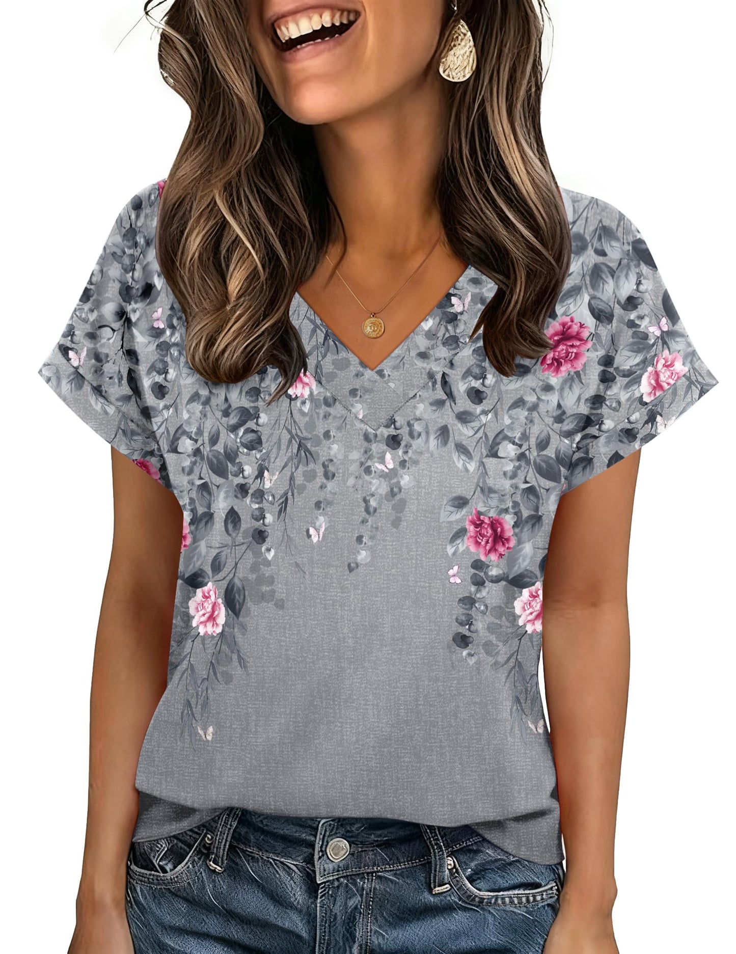 Zeagoo Womens Summer Tops Rolled Short Sleeve V Neck Shirts Casual Dressy Business Work Blouses Outfits