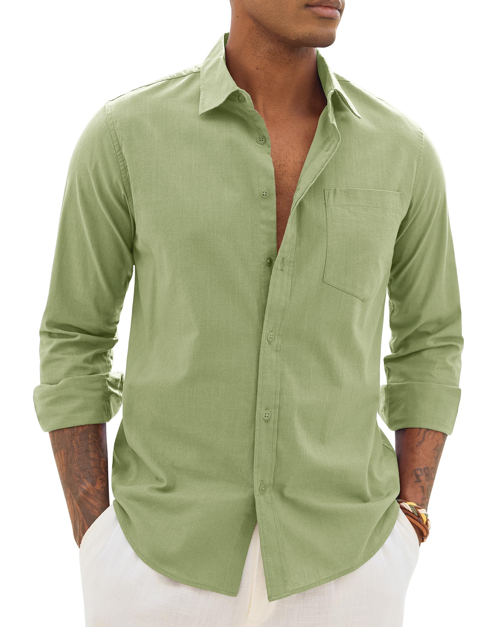 Alimens & Gentle Mens Cotton Linen Textured Shirt Long Sleeve Button Down Shirts Casual Summer Beach Wedding Tops with Pocket