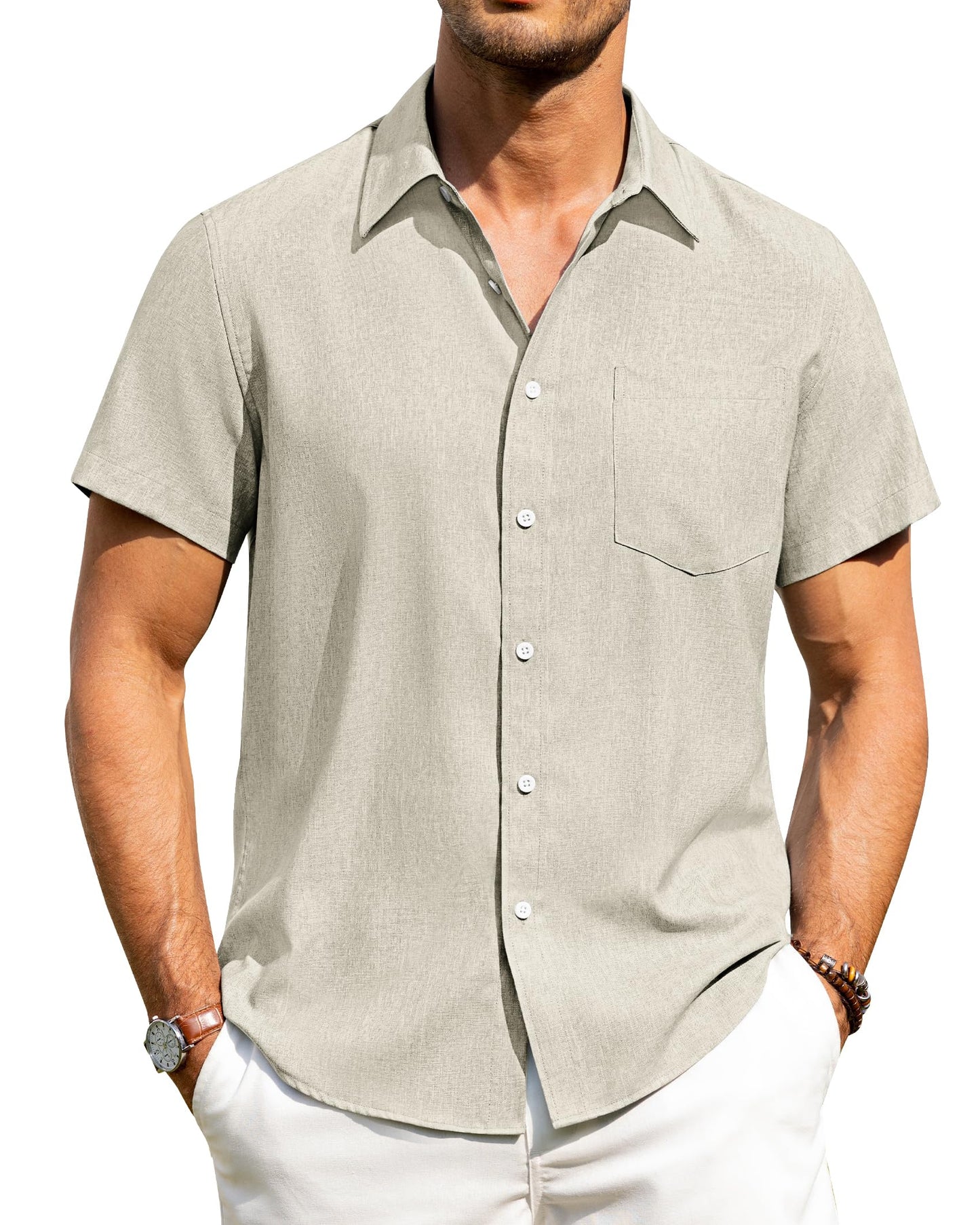 Alimens & Gentle Mens Linen Shirts Short Sleeve Button Down Shirts Wrinkle Free Casual Vacation Beach Summer Tops