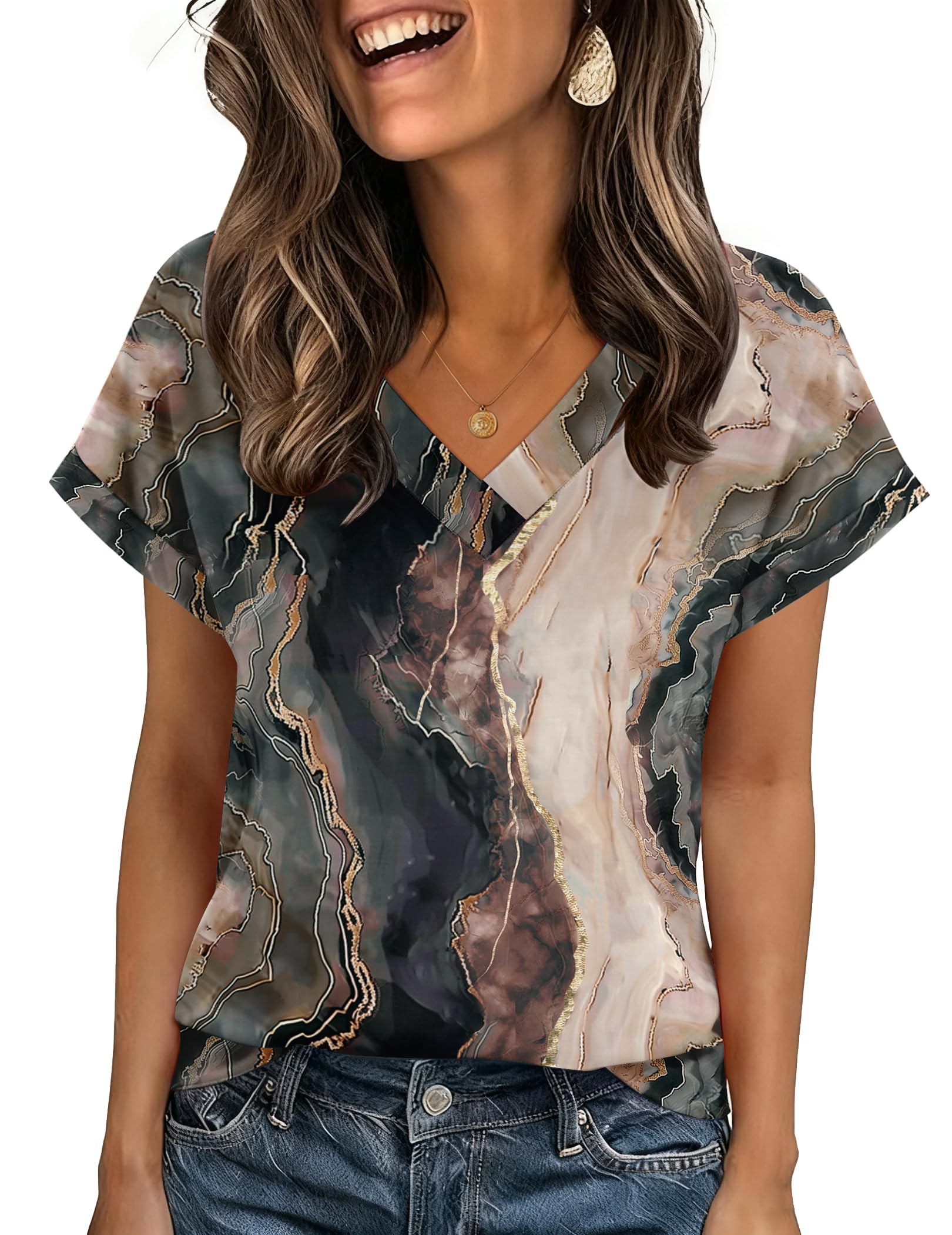 Zeagoo Womens Summer Tops Rolled Short Sleeve V Neck Shirts Casual Dressy Business Work Blouses Outfits