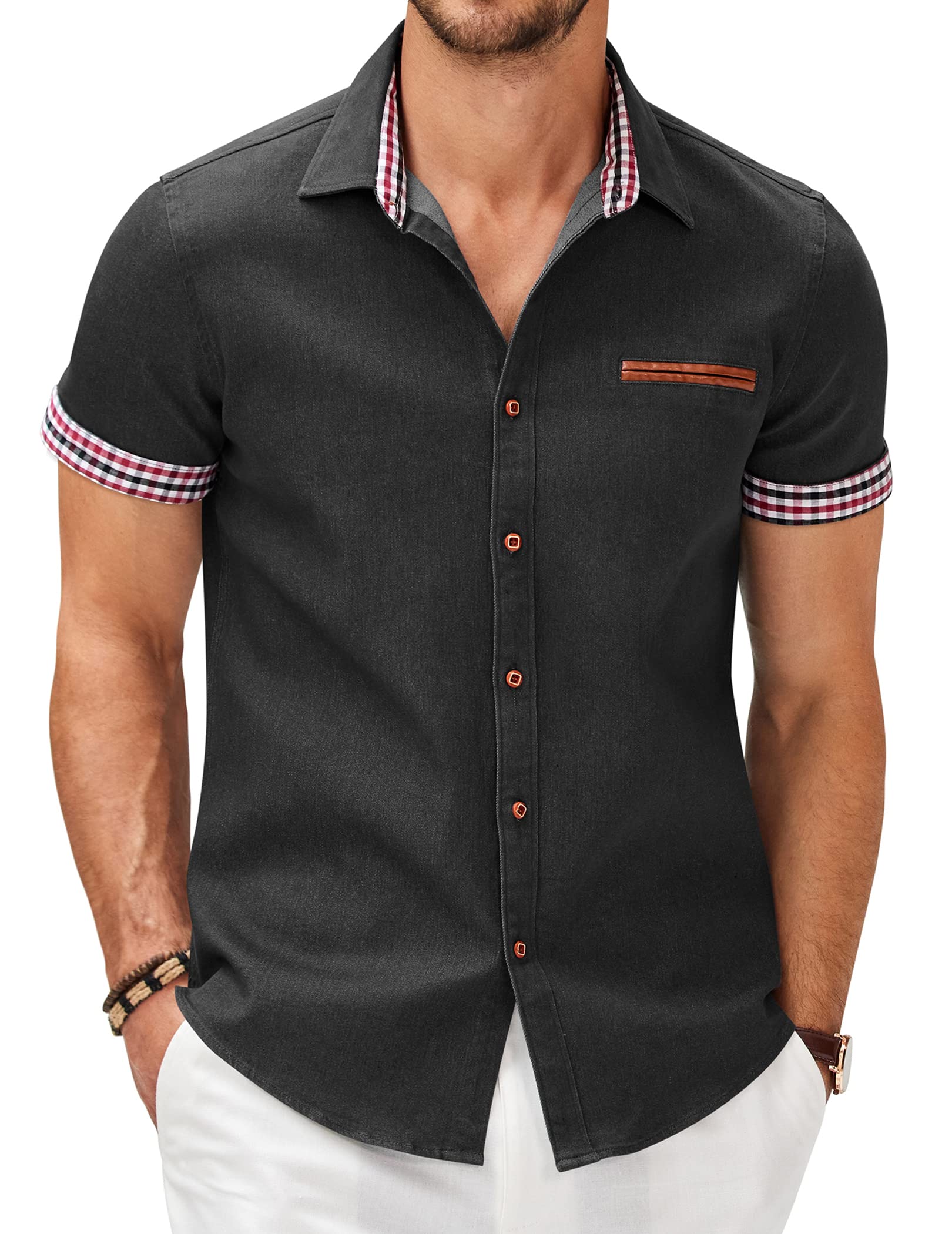 COOFANDY Men's Cotton Casual Short Sleeve Button Down Shirt Plaid Collar Denim Work Shirts