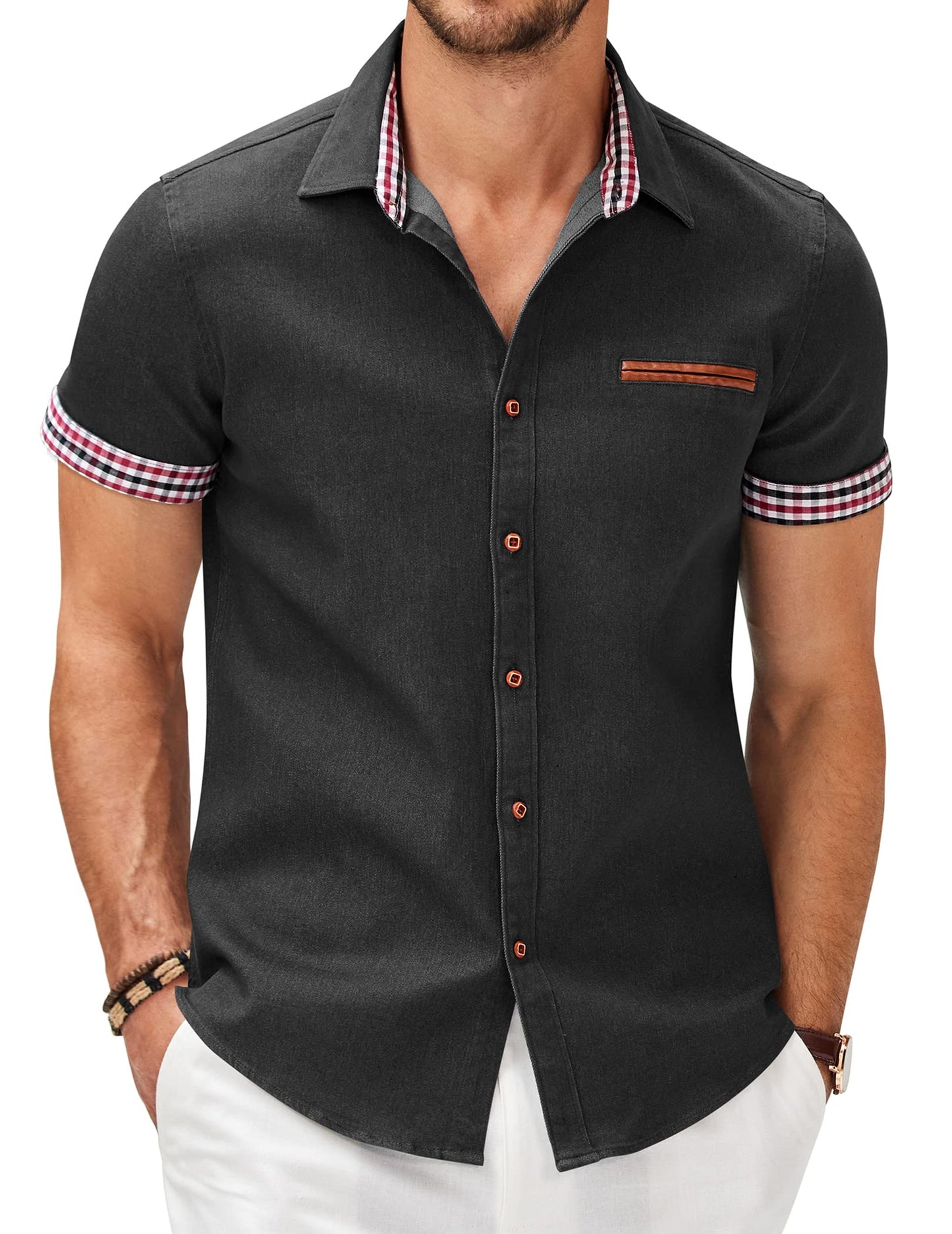 COOFANDY Men's Cotton Casual Short Sleeve Button Down Shirt Plaid Collar Denim Work Shirts