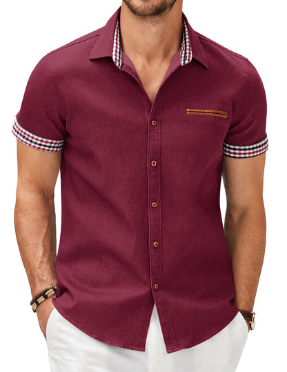 COOFANDY Men's Cotton Casual Short Sleeve Button Down Shirt Plaid Collar Denim Work Shirts