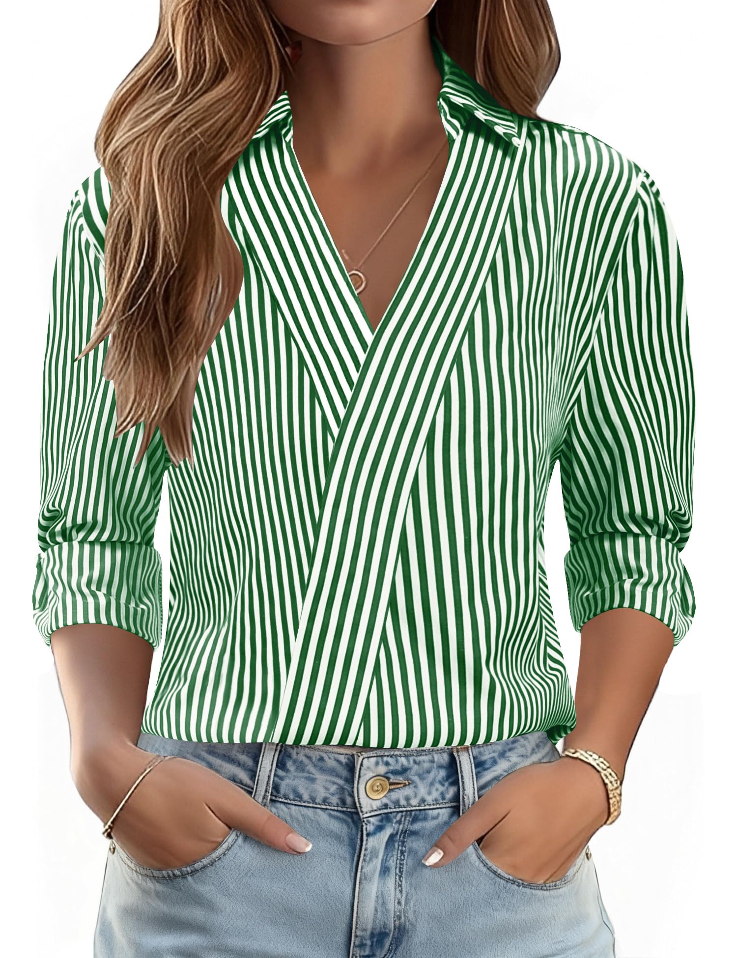 LOMON 3/4 Length Sleeve Womens Tops Dressy V Neck Collared Shirts Trendy Business Casual Work Blouses Vacation Outfits 2026