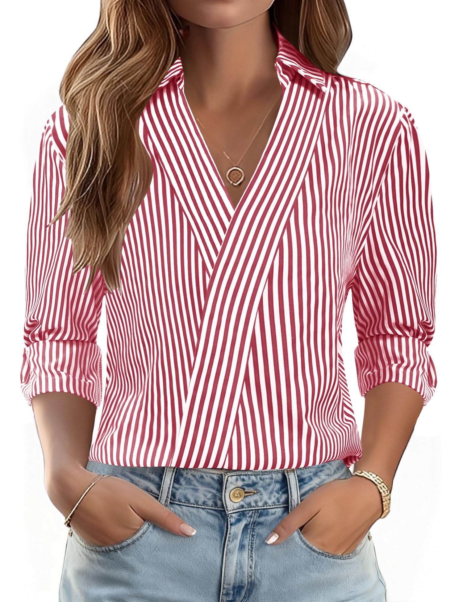 LOMON 3/4 Length Sleeve Womens Tops Dressy V Neck Collared Shirts Trendy Business Casual Work Blouses Vacation Outfits 2026