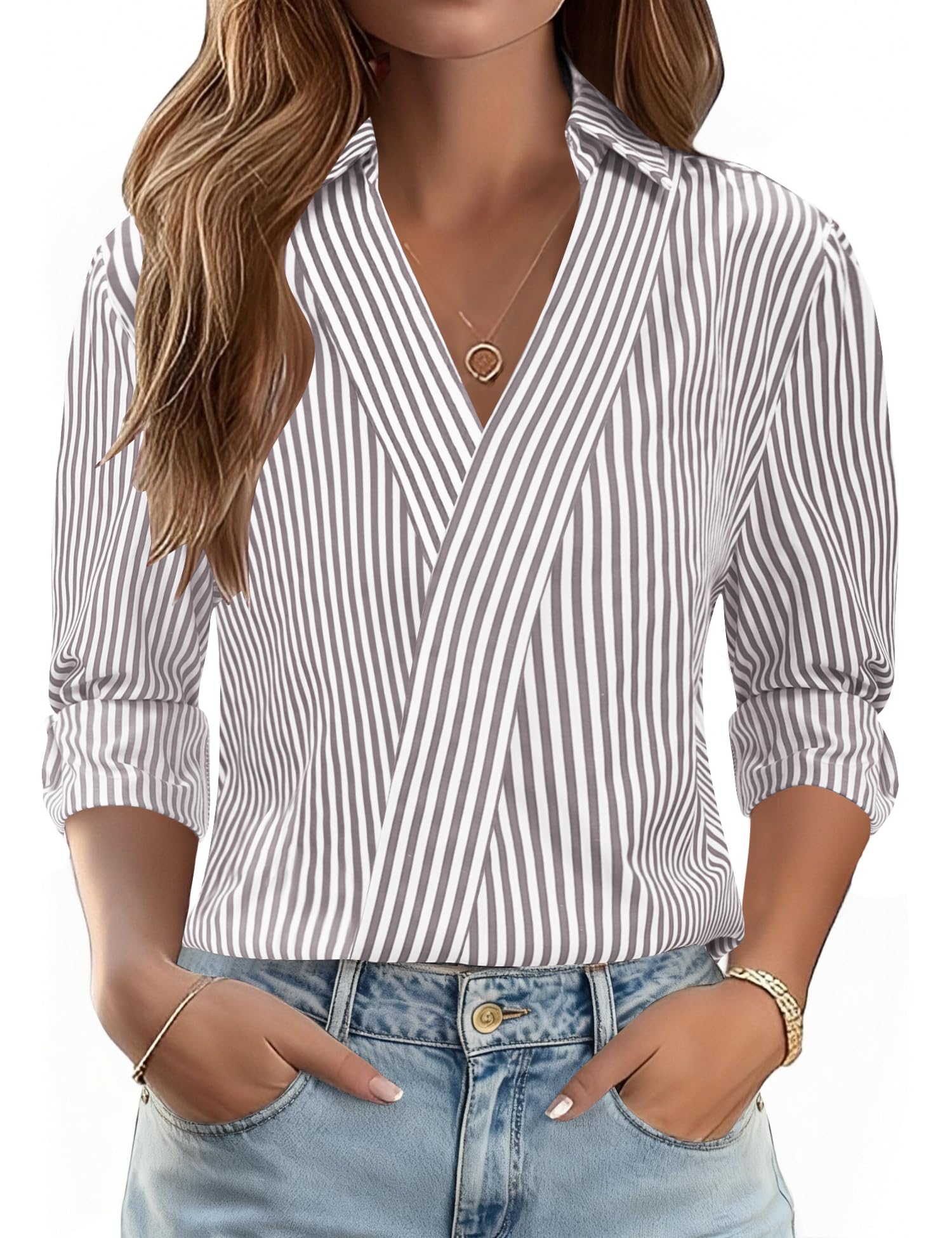 LOMON 3/4 Length Sleeve Womens Tops Dressy V Neck Collared Shirts Trendy Business Casual Work Blouses Vacation Outfits 2026