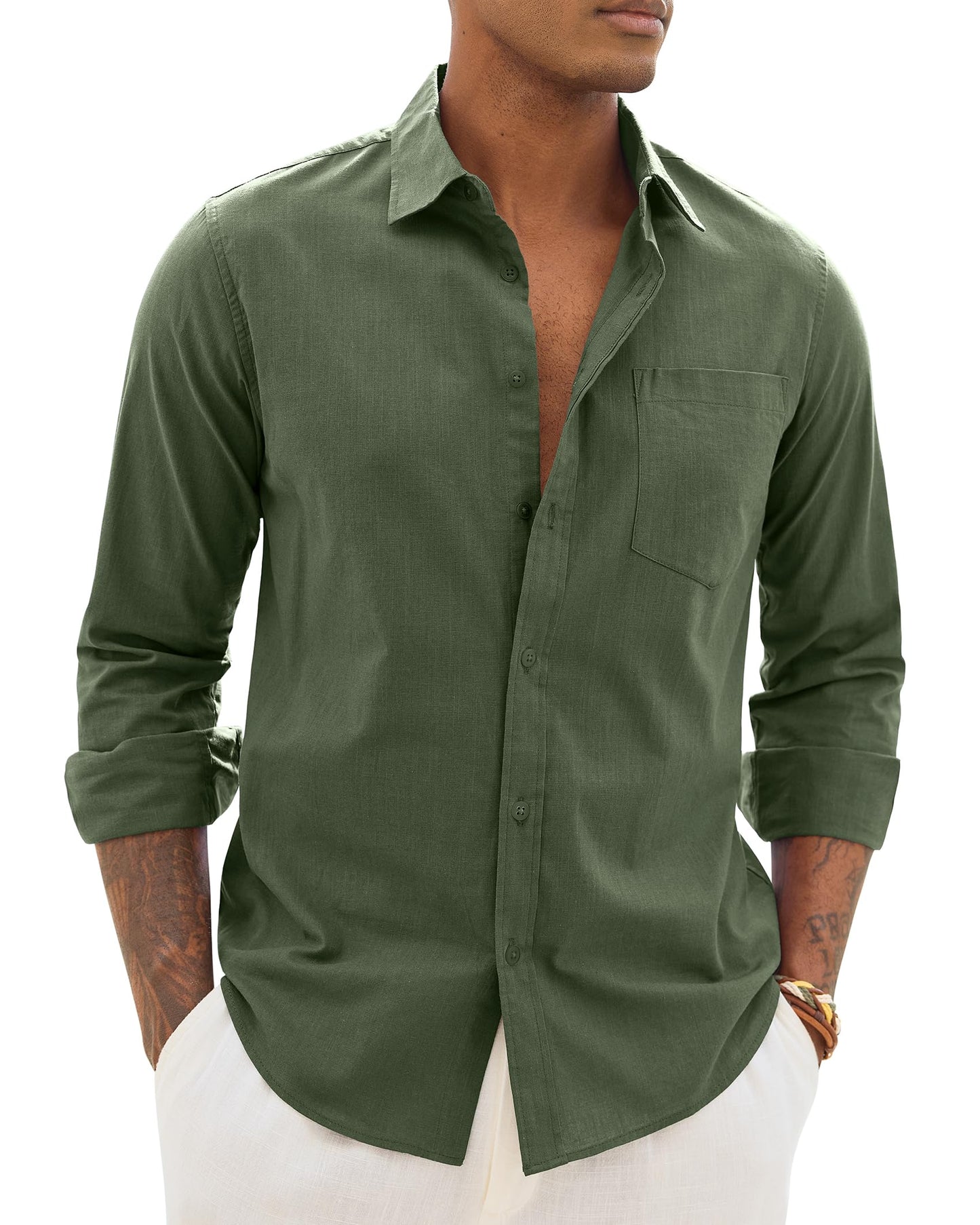 Alimens & Gentle Mens Cotton Linen Textured Shirt Long Sleeve Button Down Shirts Casual Summer Beach Wedding Tops with Pocket