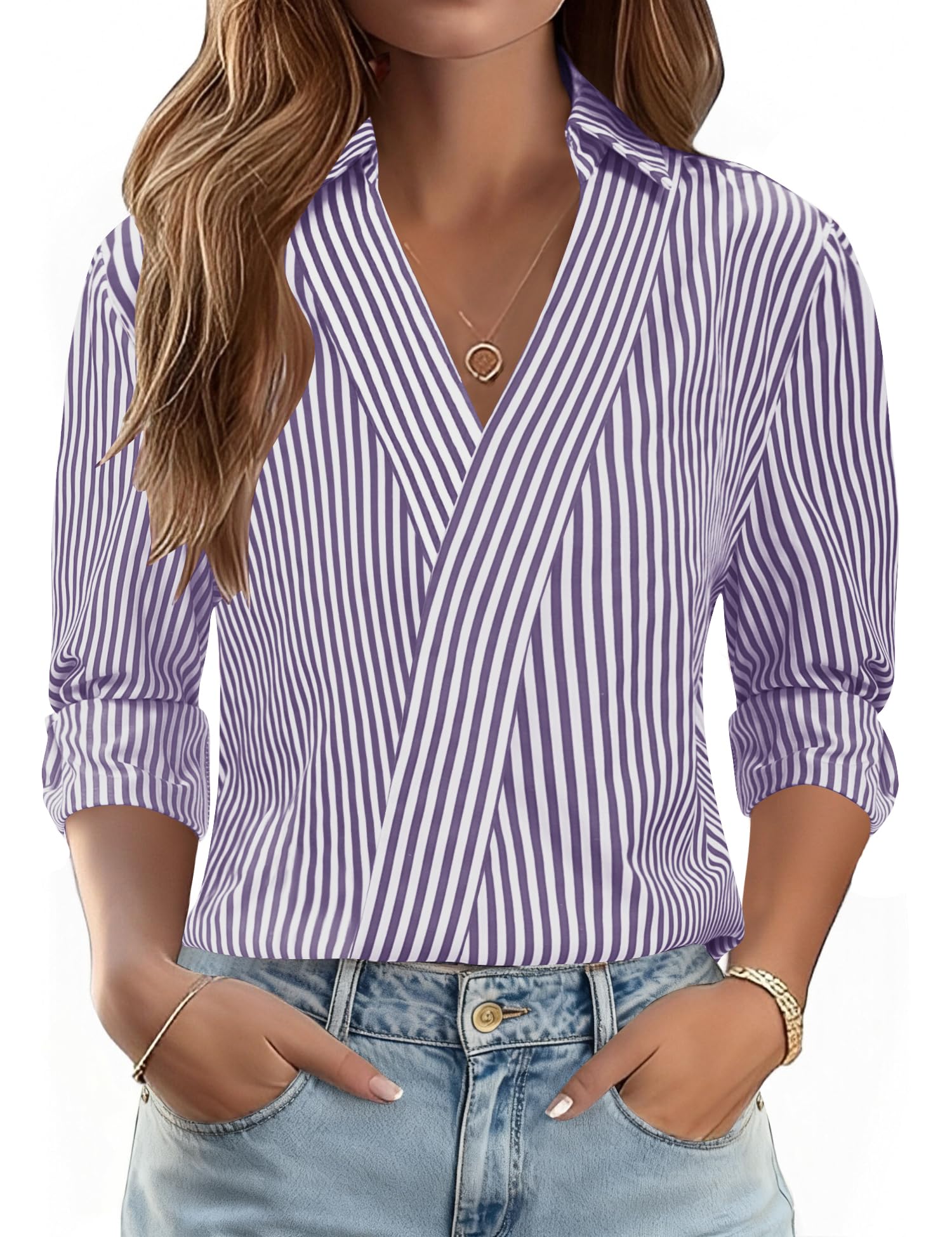 LOMON 3/4 Length Sleeve Womens Tops Dressy V Neck Collared Shirts Trendy Business Casual Work Blouses Vacation Outfits 2026