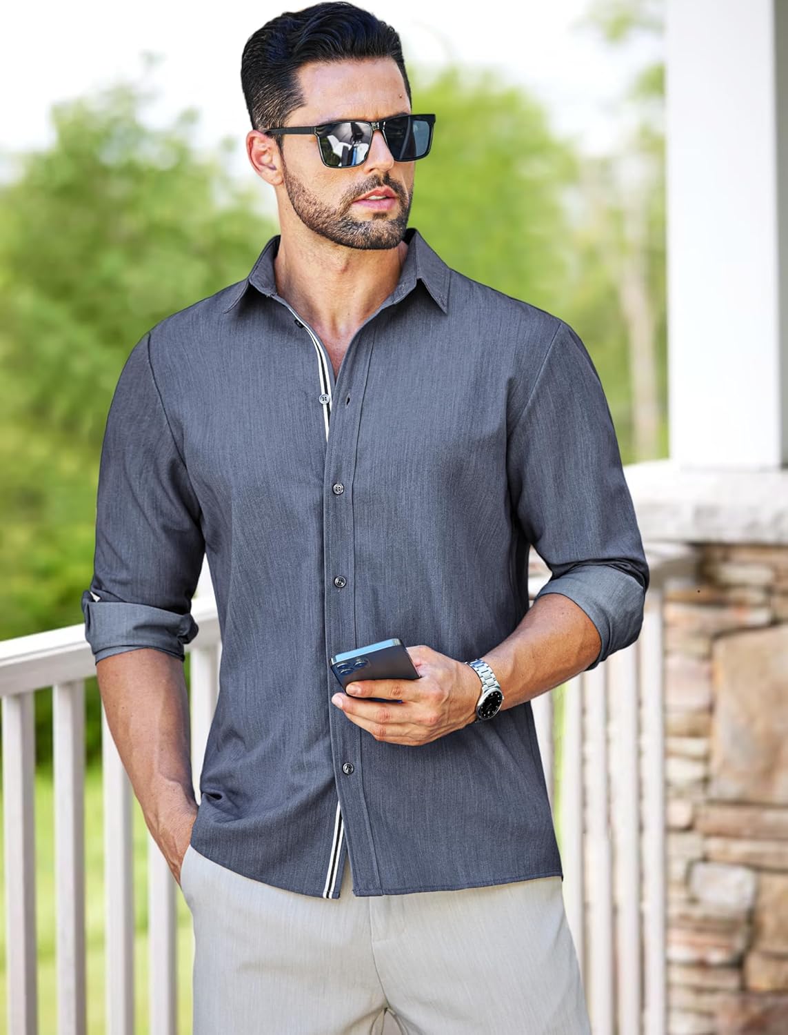 MAPICK Mens Untucked Dress Shirt Stretch Wrinkle Free Button Down Shirt Long Sleeve Business Casual Lightweight Denim Texture