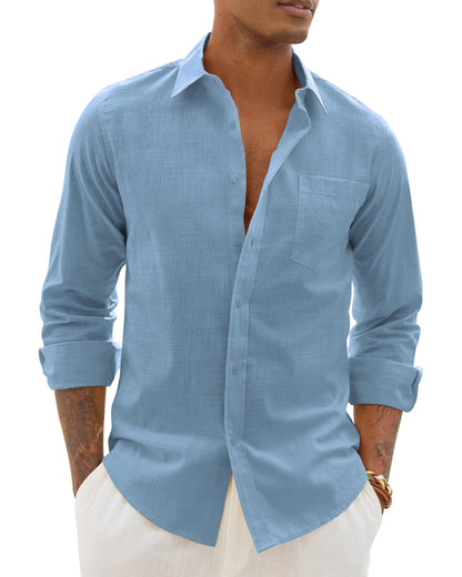 Alimens & Gentle Mens Cotton Linen Textured Shirt Long Sleeve Button Down Shirts Casual Summer Beach Wedding Tops with Pocket
