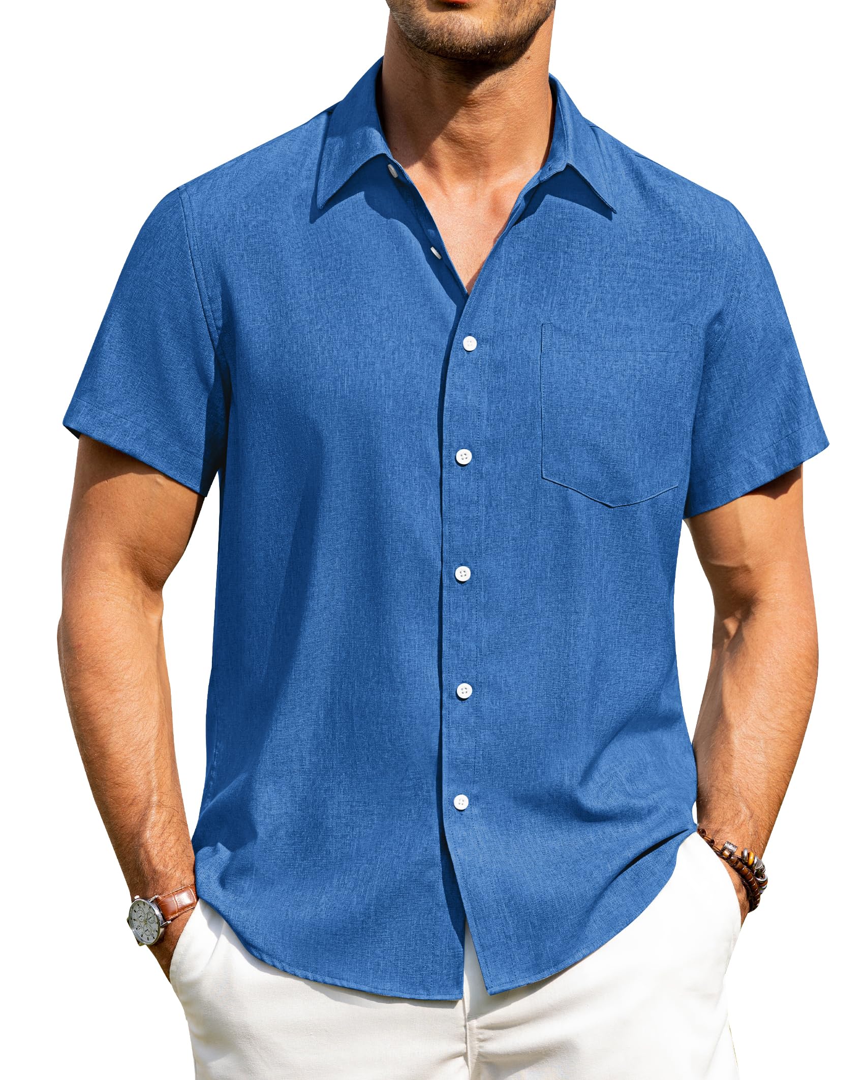 Alimens & Gentle Mens Linen Shirts Short Sleeve Button Down Shirts Wrinkle Free Casual Vacation Beach Summer Tops