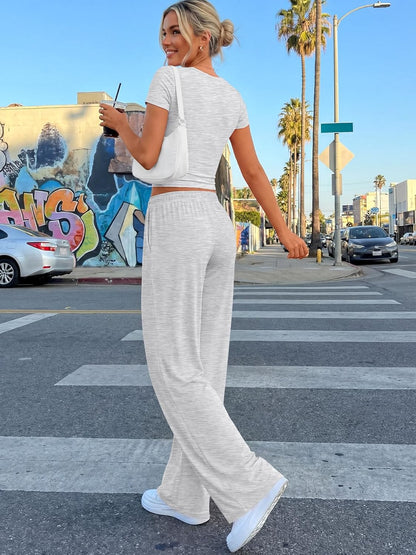 Trendy Queen 2 Piece Matching Summer Lounge Set Womens Side Ruching Top Wide Leg Pants Sets with Pockets