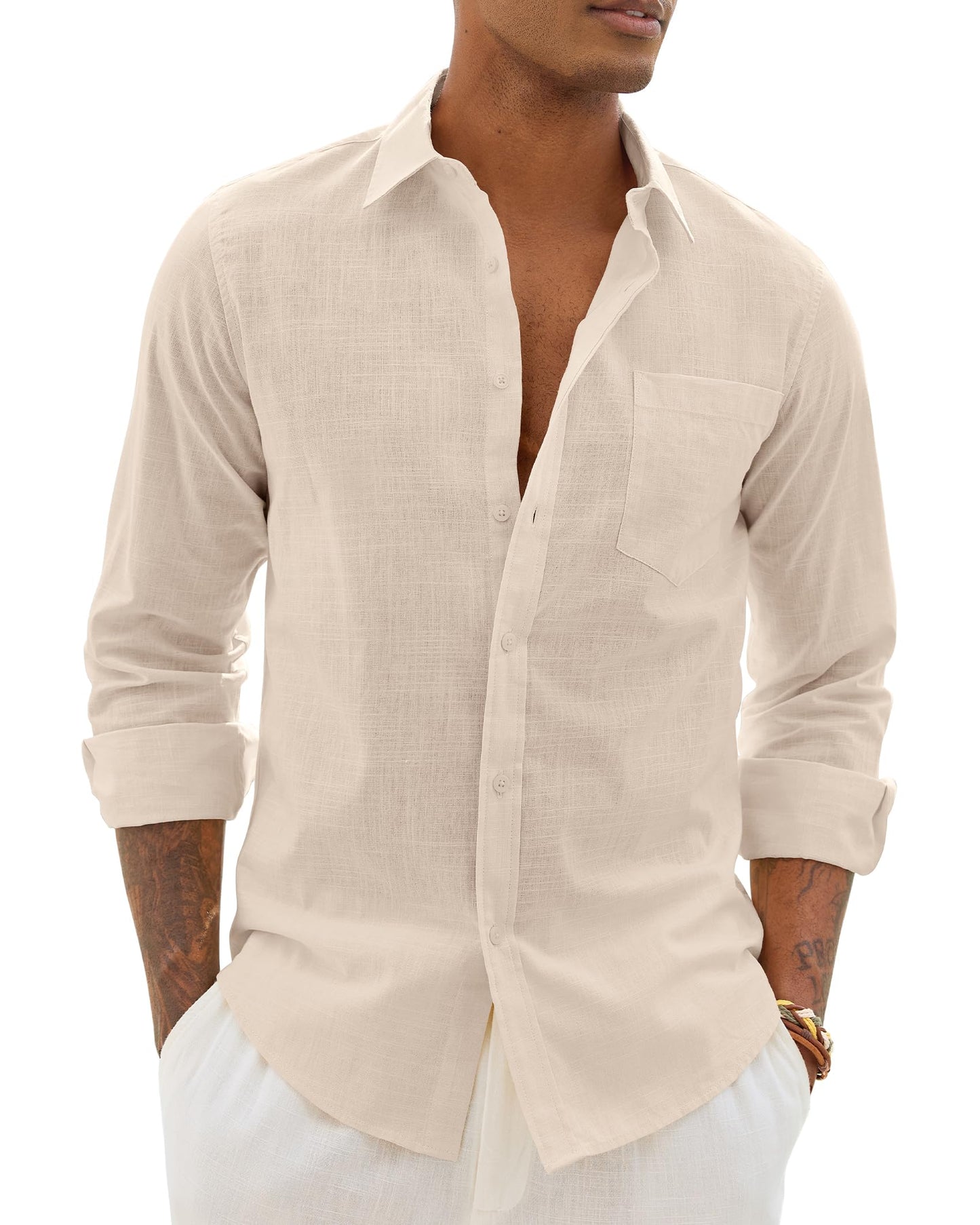 Alimens & Gentle Mens Cotton Linen Textured Shirt Long Sleeve Button Down Shirts Casual Summer Beach Wedding Tops with Pocket