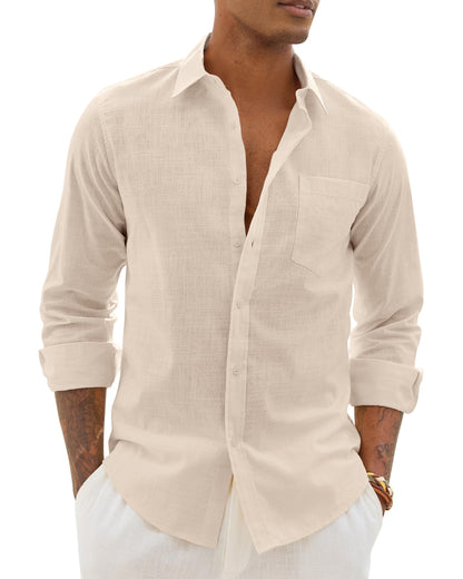 Alimens & Gentle Mens Cotton Linen Textured Shirt Long Sleeve Button Down Shirts Casual Summer Beach Wedding Tops with Pocket