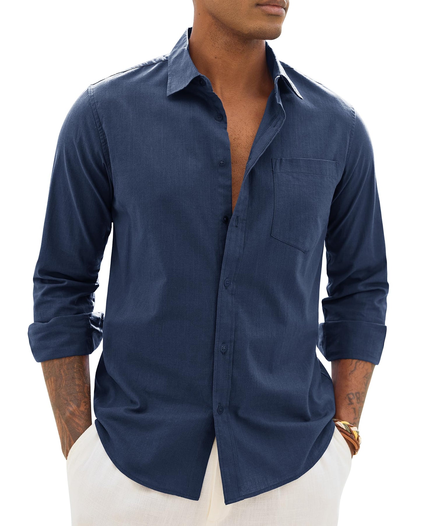 Alimens & Gentle Mens Cotton Linen Textured Shirt Long Sleeve Button Down Shirts Casual Summer Beach Wedding Tops with Pocket