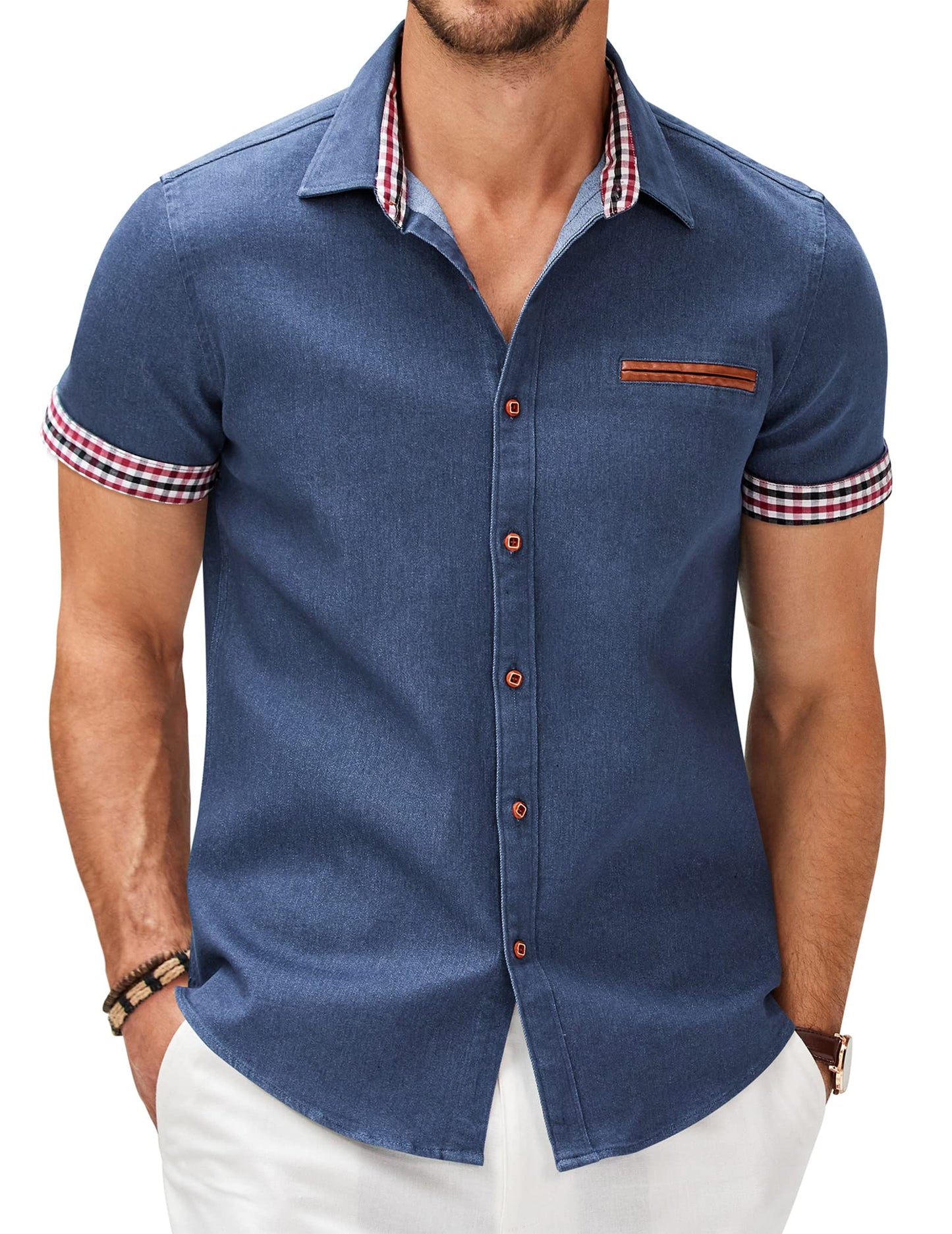 COOFANDY Men's Cotton Casual Short Sleeve Button Down Shirt Plaid Collar Denim Work Shirts