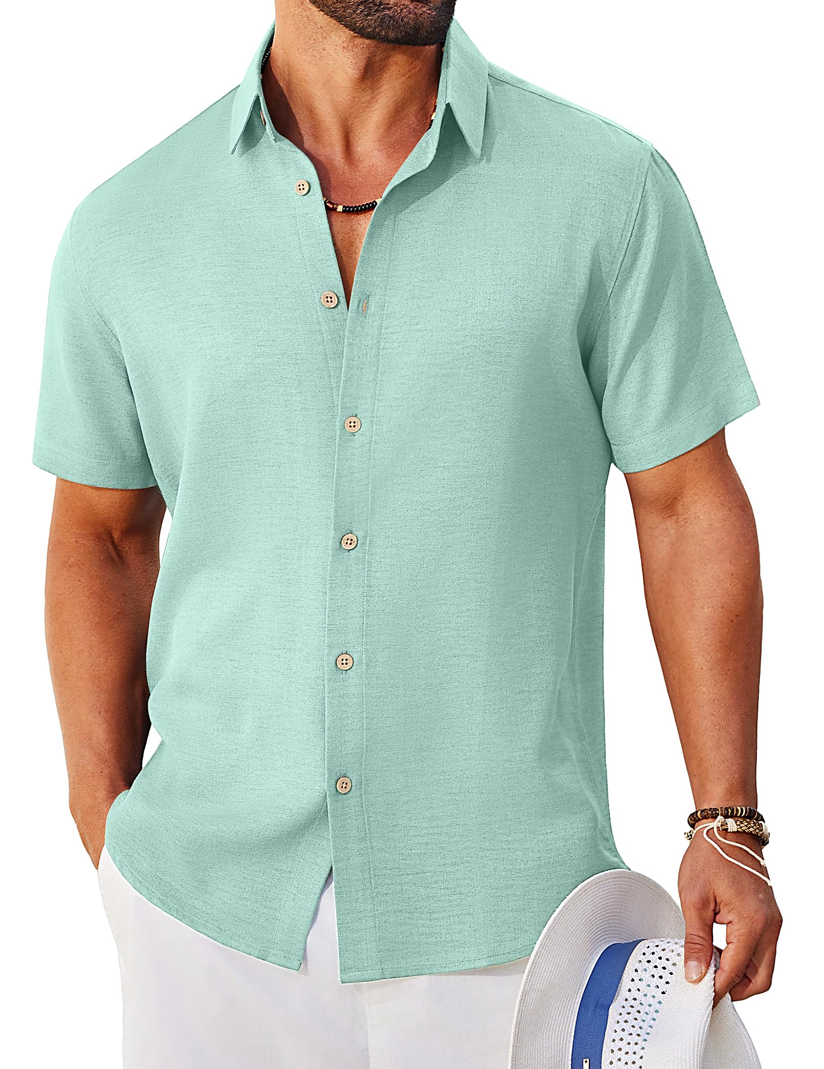 COOFANDY Mens Button Down Shirt Short Sleeve Casual Shirts Linen Textured Summer Beach Shirts