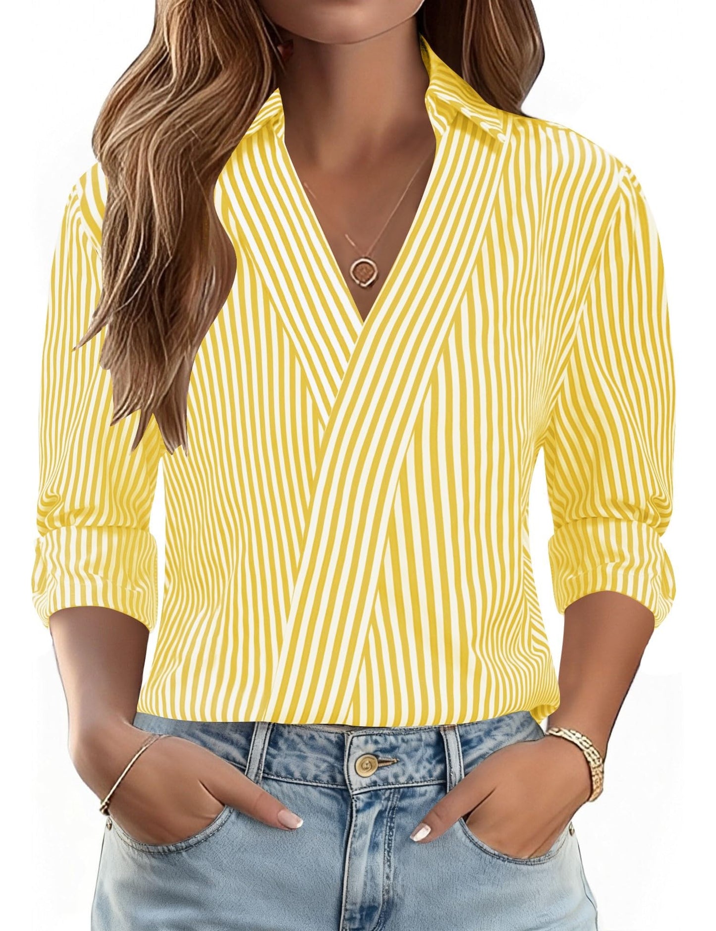 LOMON 3/4 Length Sleeve Womens Tops Dressy V Neck Collared Shirts Trendy Business Casual Work Blouses Vacation Outfits 2026