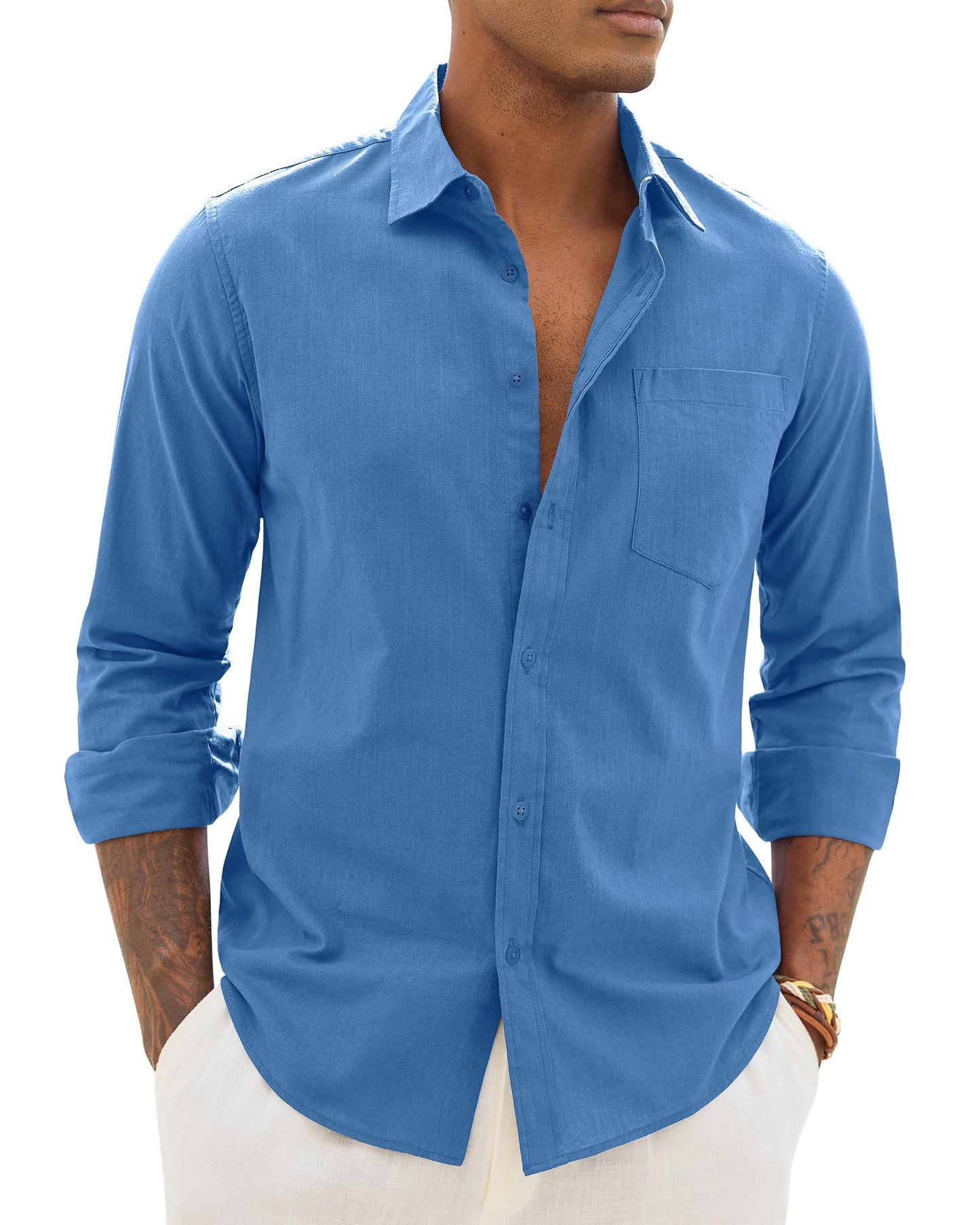 Alimens & Gentle Mens Cotton Linen Textured Shirt Long Sleeve Button Down Shirts Casual Summer Beach Wedding Tops with Pocket