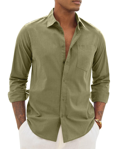Alimens & Gentle Mens Cotton Linen Textured Shirt Long Sleeve Button Down Shirts Casual Summer Beach Wedding Tops with Pocket