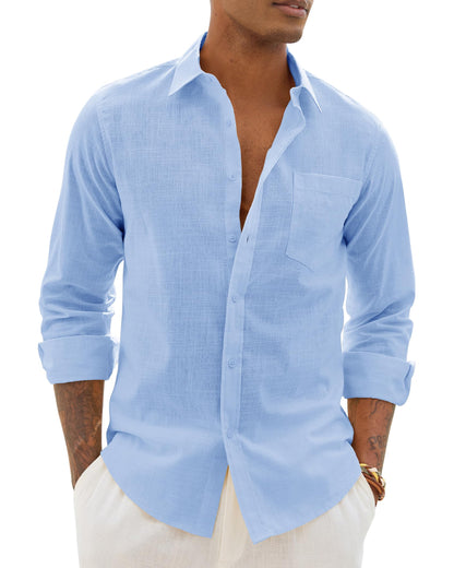 Alimens & Gentle Mens Cotton Linen Textured Shirt Long Sleeve Button Down Shirts Casual Summer Beach Wedding Tops with Pocket