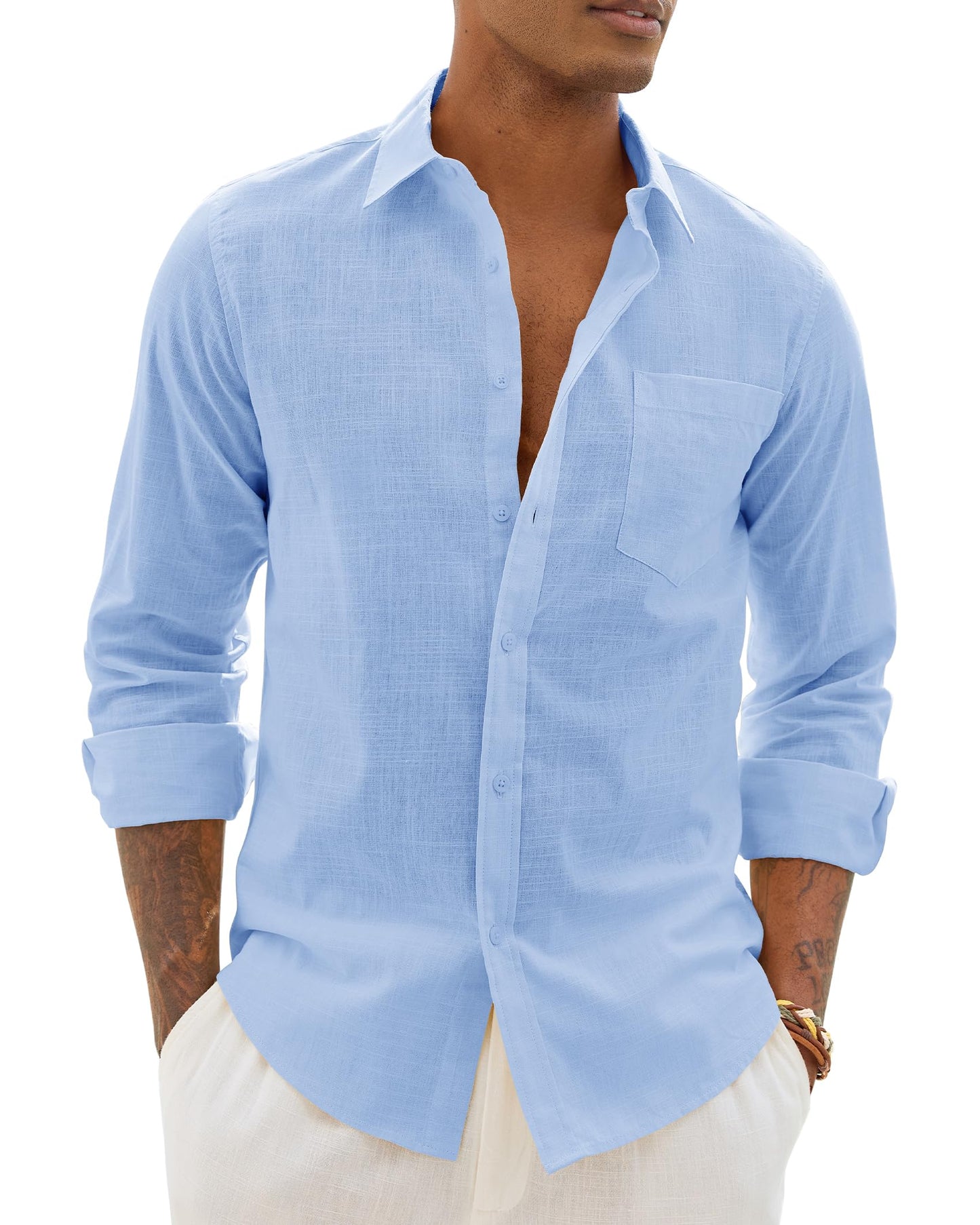 Alimens & Gentle Mens Cotton Linen Textured Shirt Long Sleeve Button Down Shirts Casual Summer Beach Wedding Tops with Pocket
