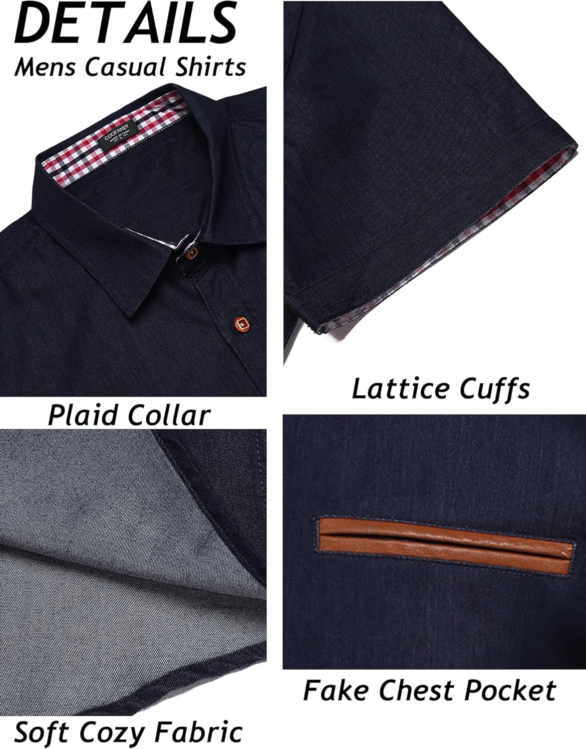COOFANDY Men's Cotton Casual Short Sleeve Button Down Shirt Plaid Collar Denim Work Shirts