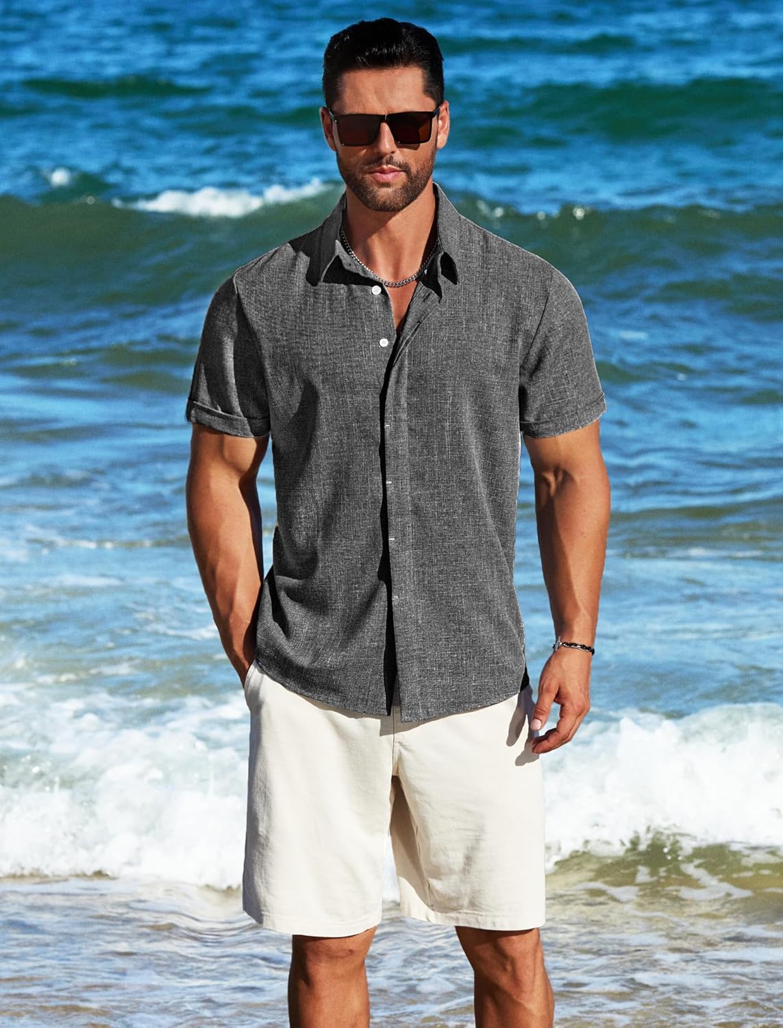 MAPICK Men's Linen Short Sleeve Button Down Shirt – Lightweight Breathable Summer Business Casual, Beach & Wedding Guest