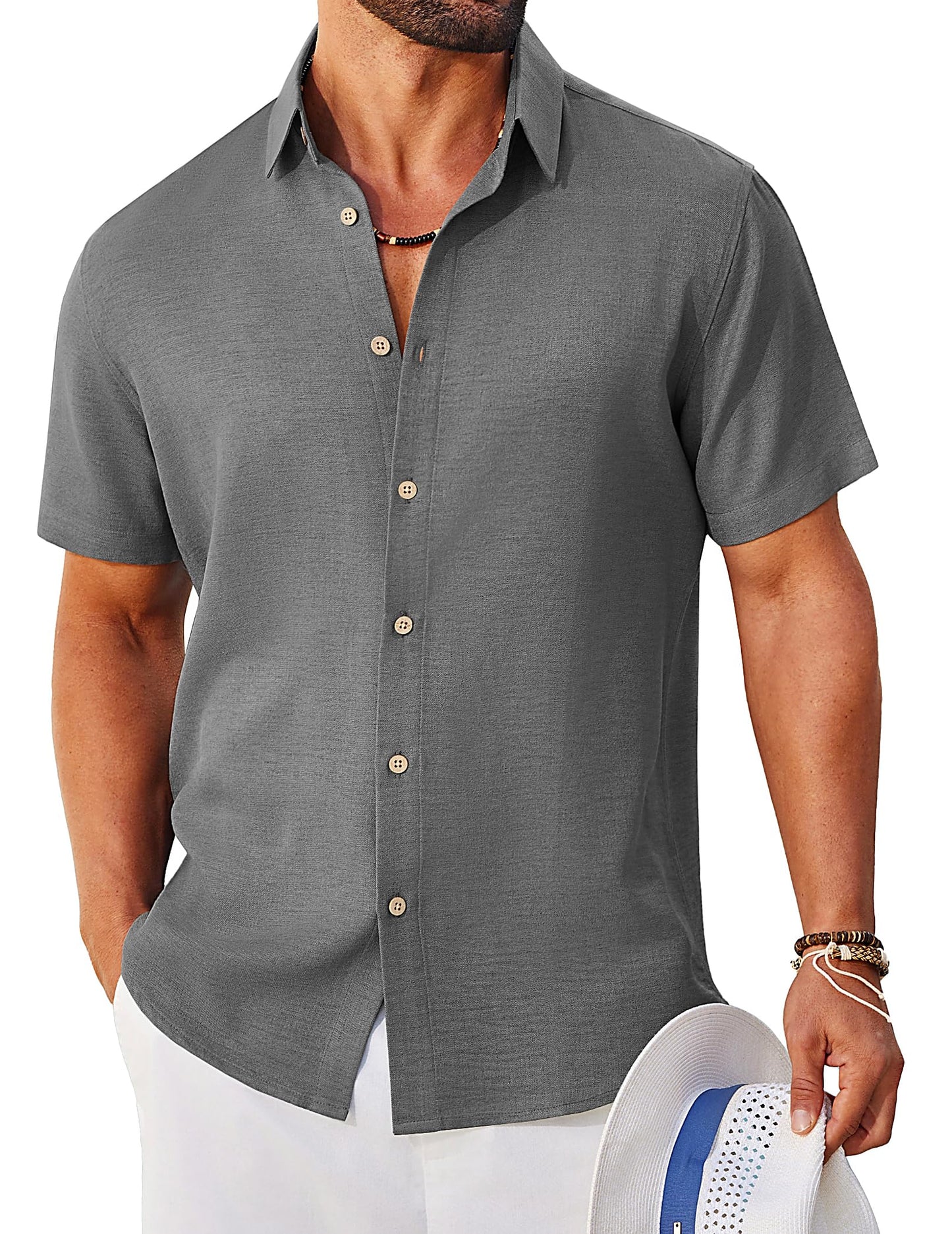 COOFANDY Mens Button Down Shirt Short Sleeve Casual Shirts Linen Textured Summer Beach Shirts