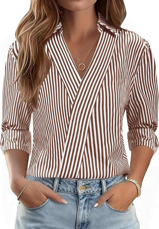 LOMON 3/4 Length Sleeve Womens Tops Dressy V Neck Collared Shirts Trendy Business Casual Work Blouses Vacation Outfits 2026