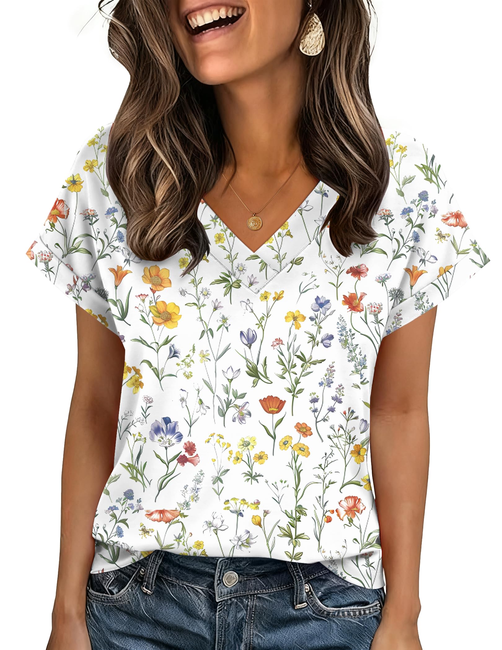 Zeagoo Womens Summer Tops Rolled Short Sleeve V Neck Shirts Casual Dressy Business Work Blouses Outfits