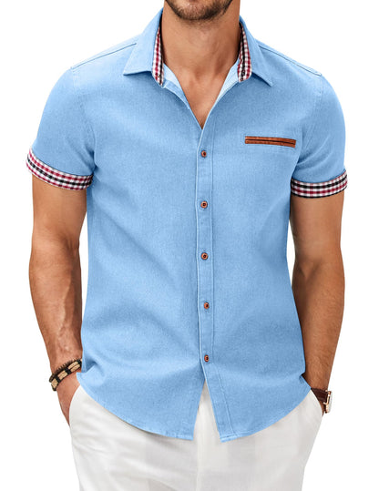 COOFANDY Men's Cotton Casual Short Sleeve Button Down Shirt Plaid Collar Denim Work Shirts