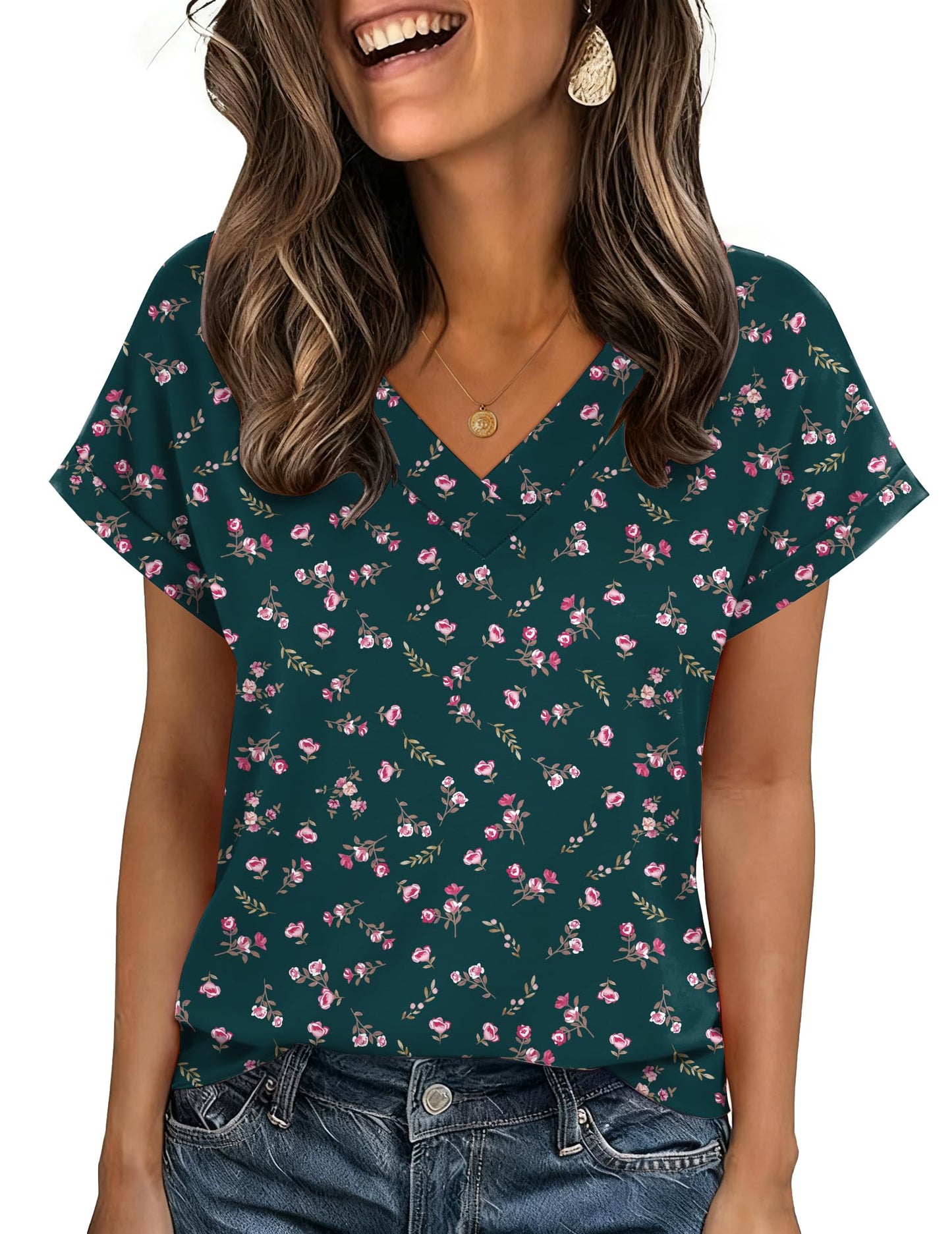 Zeagoo Womens Summer Tops Rolled Short Sleeve V Neck Shirts Casual Dressy Business Work Blouses Outfits
