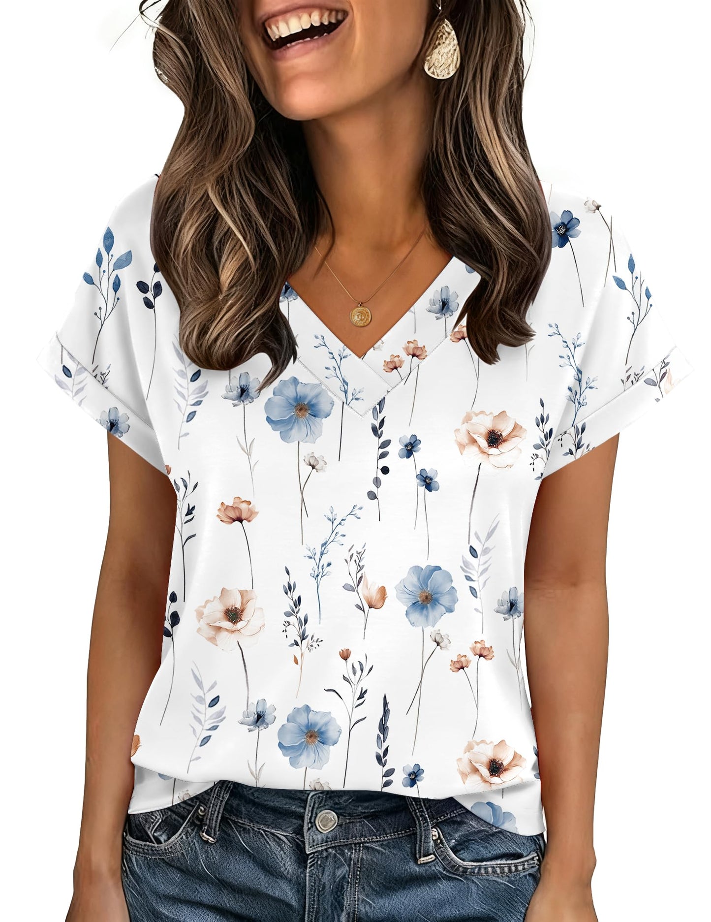 Zeagoo Womens Summer Tops Rolled Short Sleeve V Neck Shirts Casual Dressy Business Work Blouses Outfits