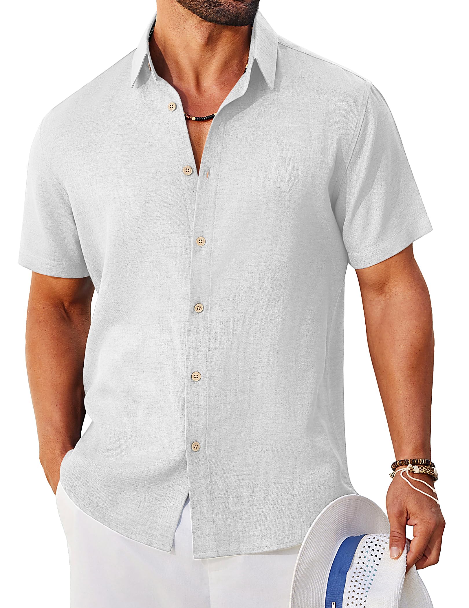 COOFANDY Mens Button Down Shirt Short Sleeve Casual Shirts Linen Textured Summer Beach Shirts