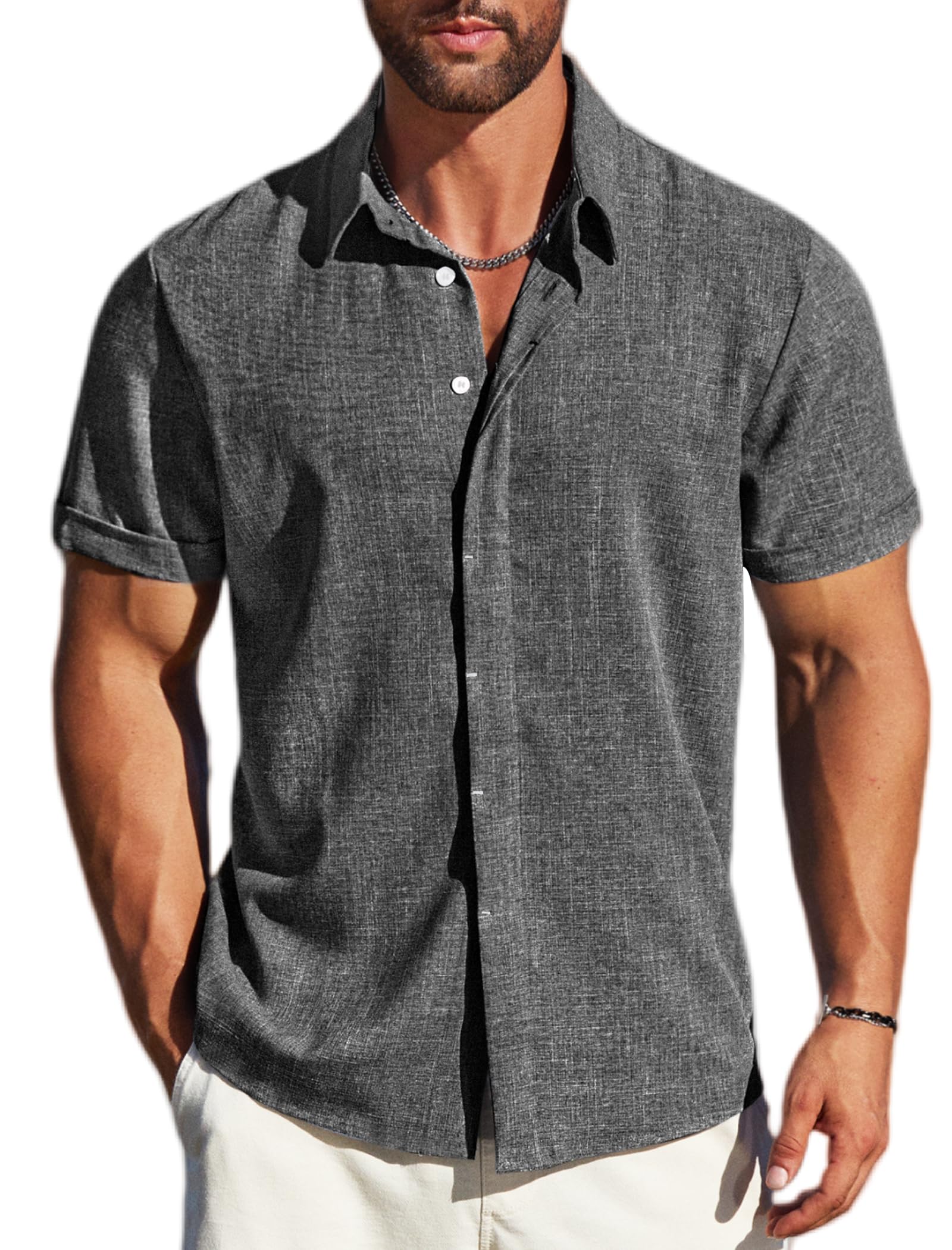 MAPICK Men's Linen Short Sleeve Button Down Shirt – Lightweight Breathable Summer Business Casual, Beach & Wedding Guest