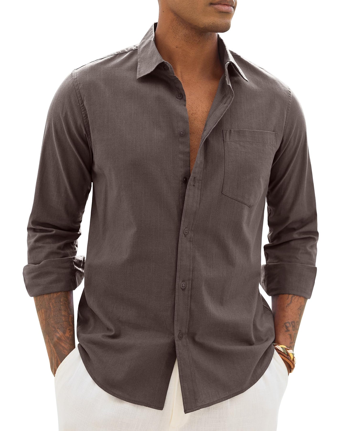 Alimens & Gentle Mens Cotton Linen Textured Shirt Long Sleeve Button Down Shirts Casual Summer Beach Wedding Tops with Pocket
