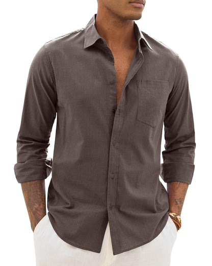 Alimens & Gentle Mens Cotton Linen Textured Shirt Long Sleeve Button Down Shirts Casual Summer Beach Wedding Tops with Pocket