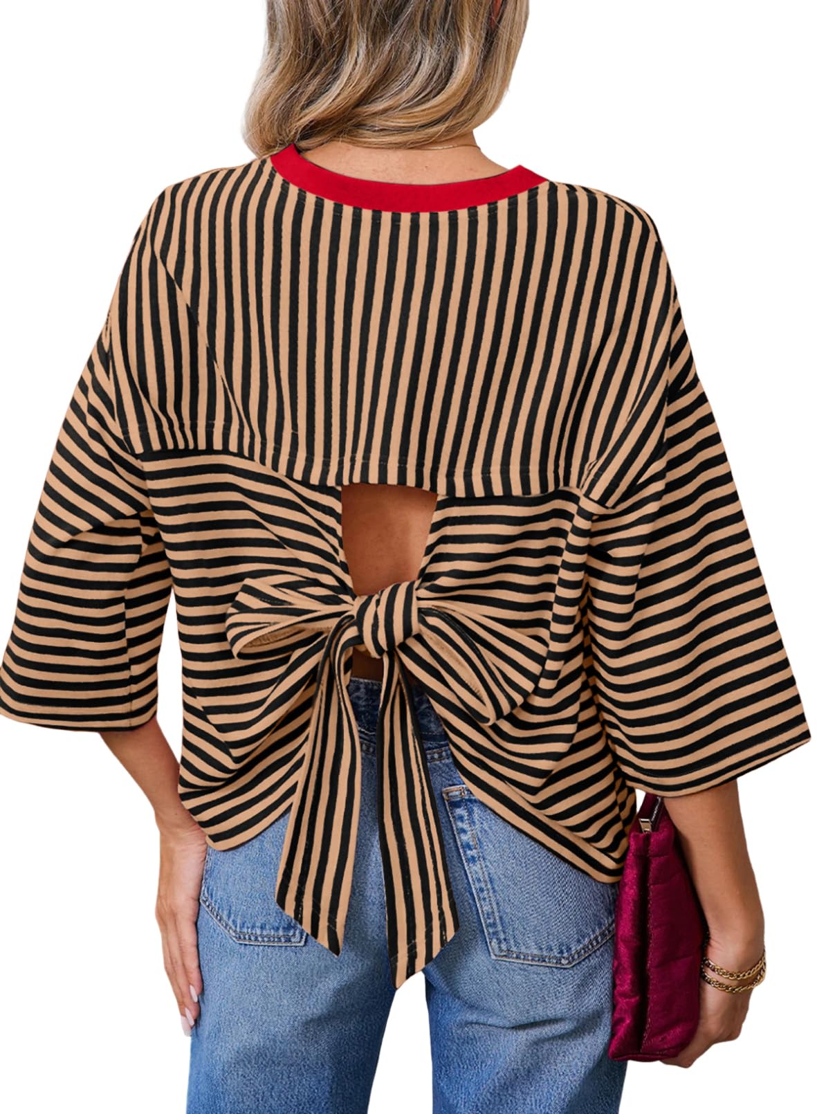 Dokotoo Womens Tops 2026 Striped Tie Back Short Sleeve T Shirts Crewneck Casual Loose Basic Tee Summer Outfits