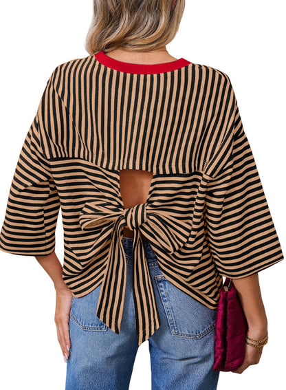 Dokotoo Womens Tops 2026 Striped Tie Back Short Sleeve T Shirts Crewneck Casual Loose Basic Tee Summer Outfits