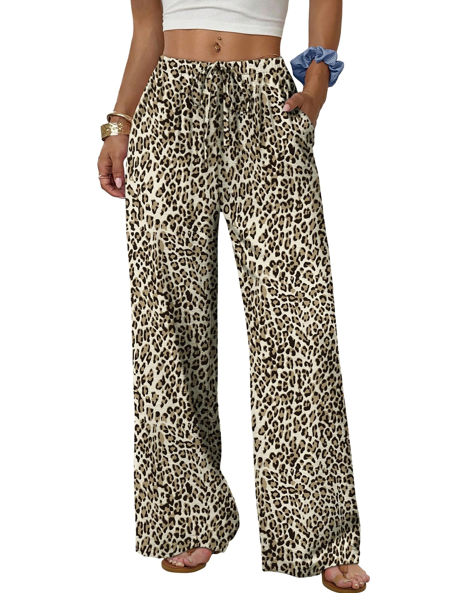 Sampeel Wide Leg Pants for Women Flowy Palazzo Drawstring Elastic Waist Trousers with Pockets Summer Beach Vacation Clothes