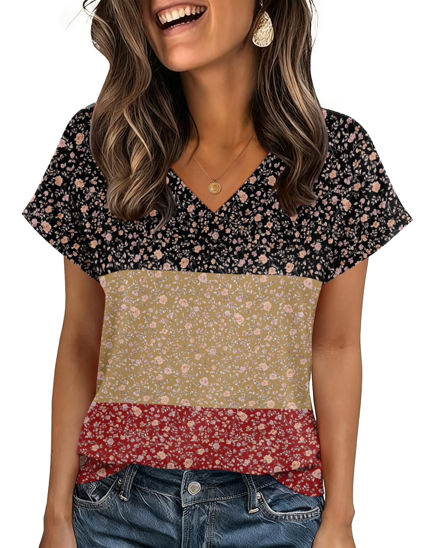 Zeagoo Womens Summer Tops Rolled Short Sleeve V Neck Shirts Casual Dressy Business Work Blouses Outfits