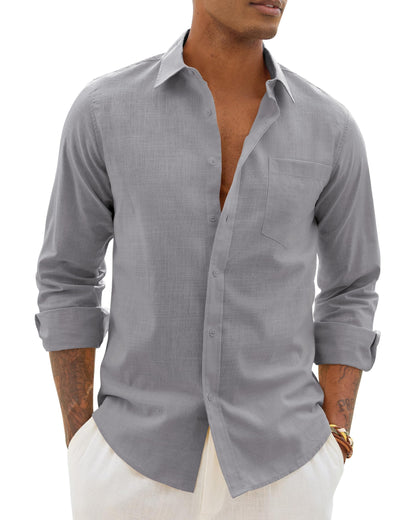 Alimens & Gentle Mens Cotton Linen Textured Shirt Long Sleeve Button Down Shirts Casual Summer Beach Wedding Tops with Pocket