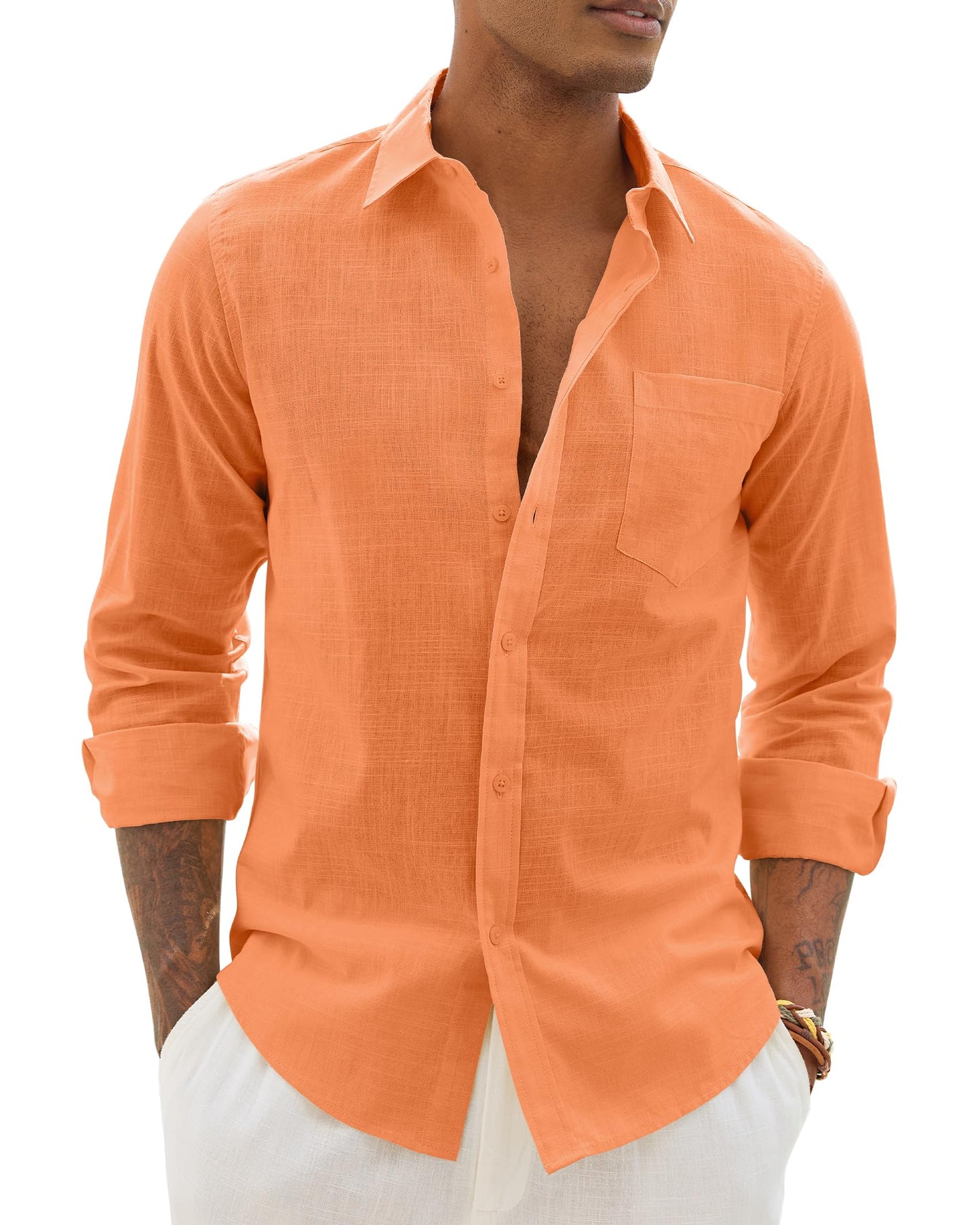 Alimens & Gentle Mens Cotton Linen Textured Shirt Long Sleeve Button Down Shirts Casual Summer Beach Wedding Tops with Pocket