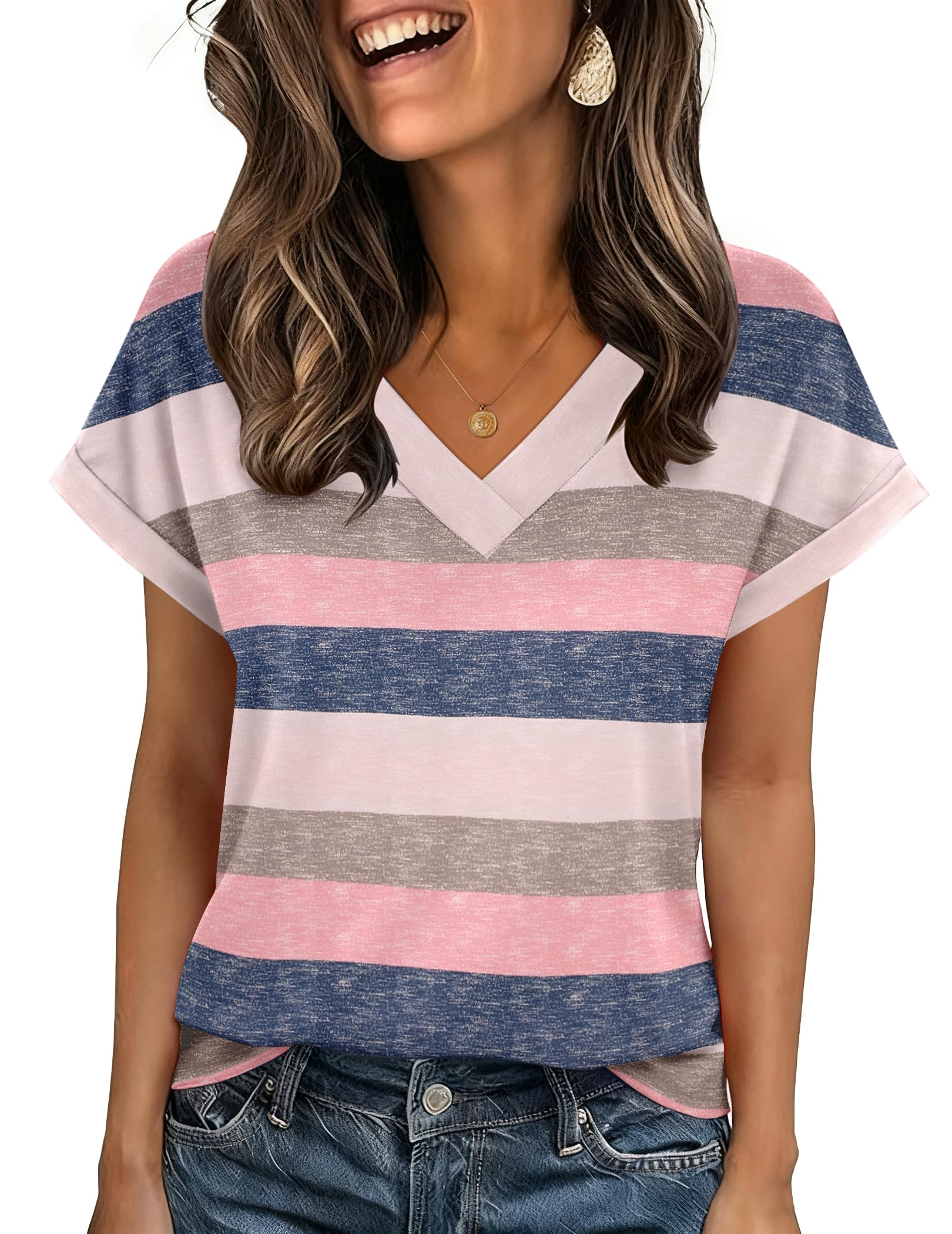Zeagoo Womens Summer Tops Rolled Short Sleeve V Neck Shirts Casual Dressy Business Work Blouses Outfits