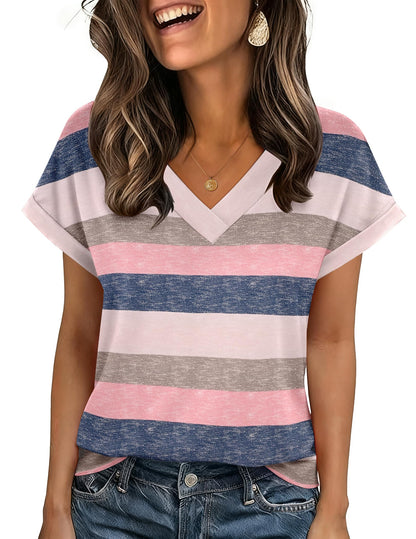 Zeagoo Womens Summer Tops Rolled Short Sleeve V Neck Shirts Casual Dressy Business Work Blouses Outfits