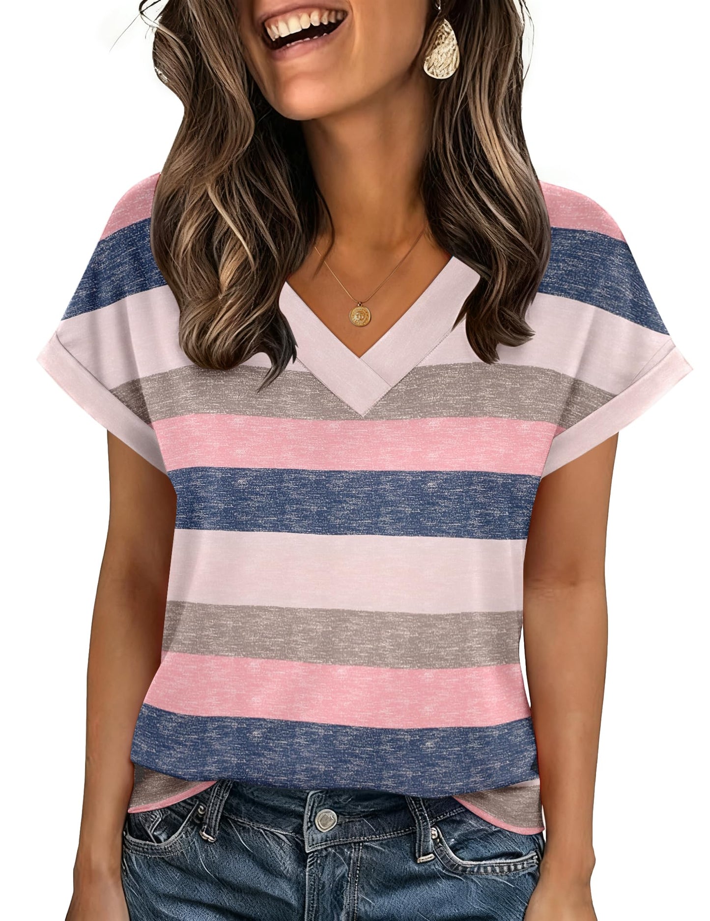 Zeagoo Womens Summer Tops Rolled Short Sleeve V Neck Shirts Casual Dressy Business Work Blouses Outfits
