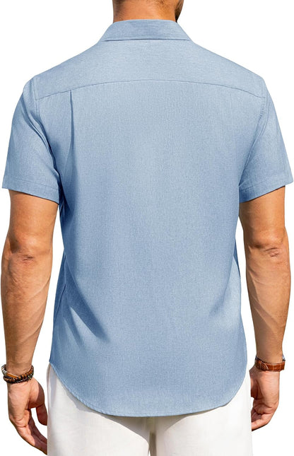 Alimens & Gentle Mens Linen Shirts Short Sleeve Button Down Shirts Wrinkle Free Casual Vacation Beach Summer Tops