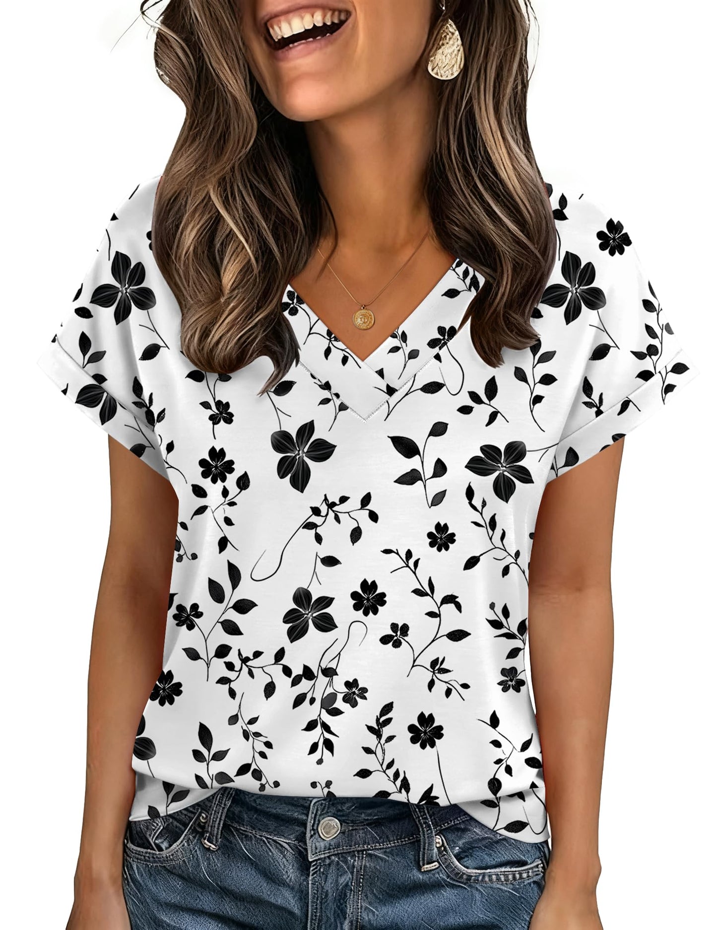 Zeagoo Womens Summer Tops Rolled Short Sleeve V Neck Shirts Casual Dressy Business Work Blouses Outfits